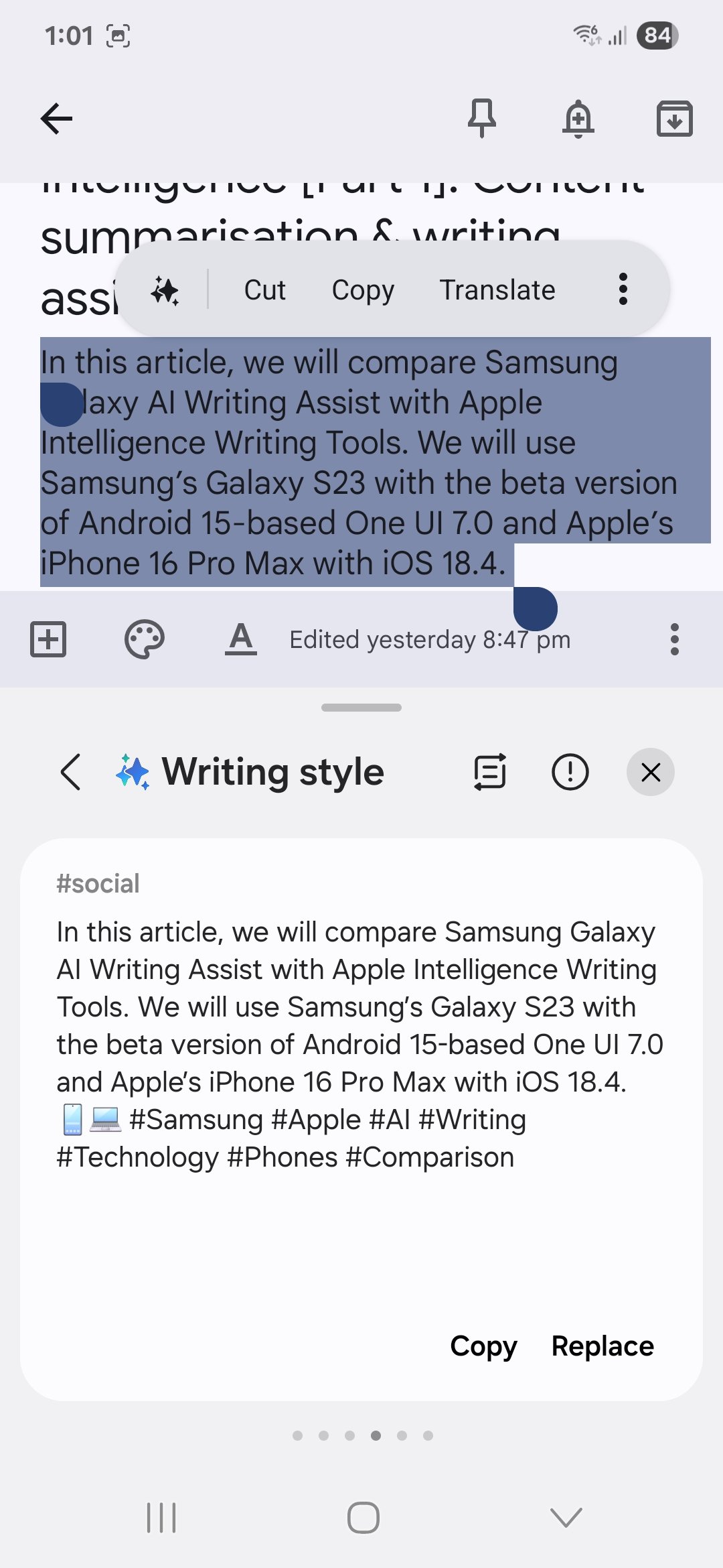 samsung galaxy s23 samsung galaxy ai writing assist (15) google keep galaxy ai writing style social